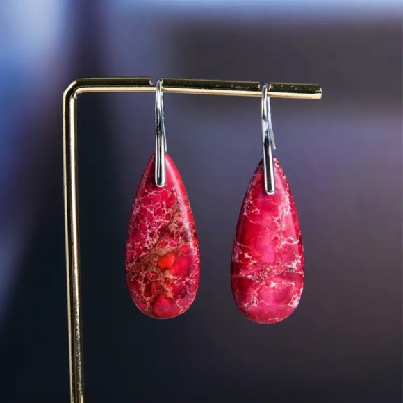 Red Jasper & Titanium Handcrafted Earrings 1.5” - Picture 2 of 3
